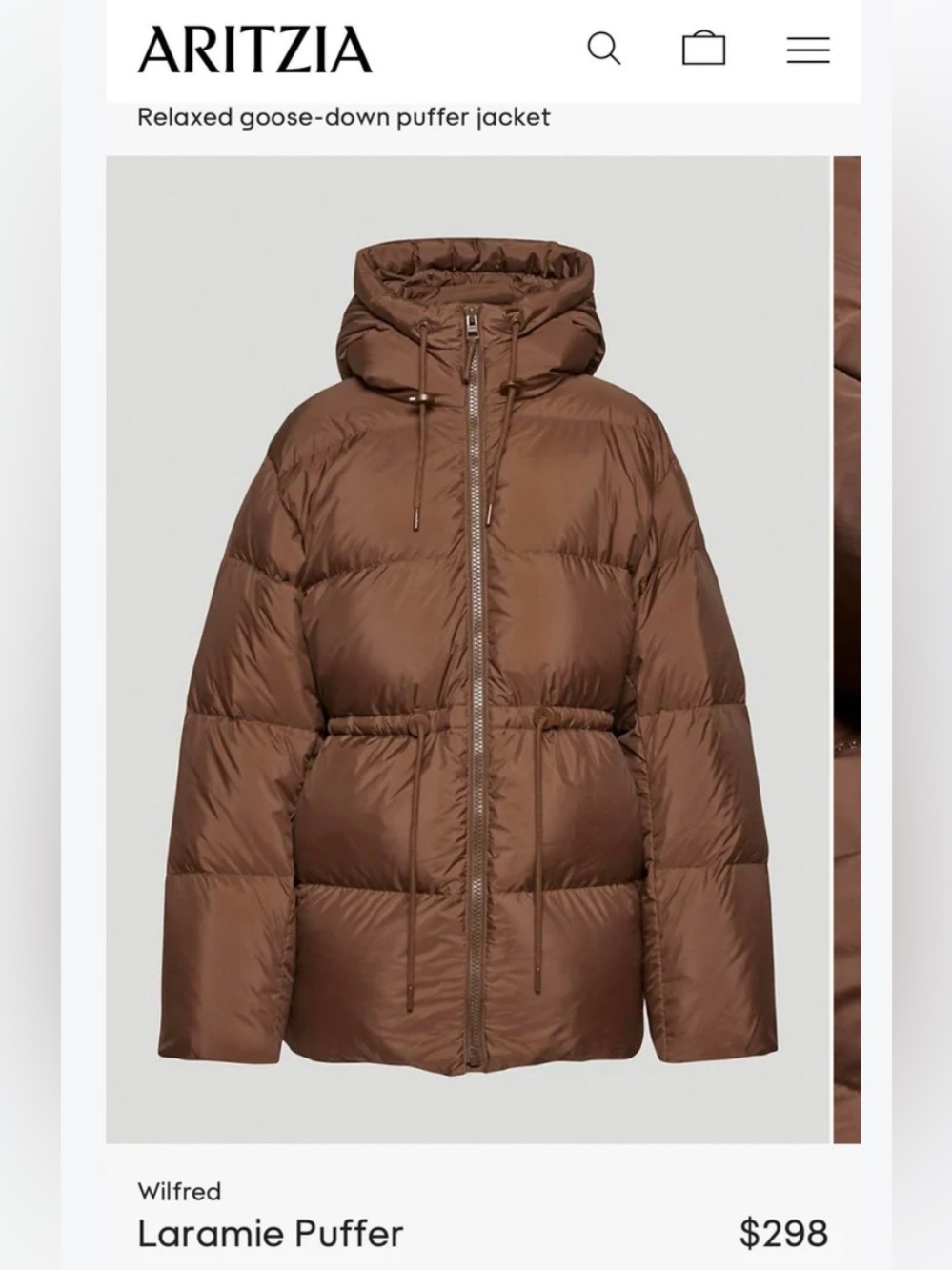 Aritzia Wilfred Laramie Puffer Jacket Brown 2XS